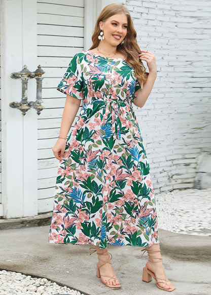 Plus Size Floral Print Tie Waist Patchwork Chiffon Long Dress Summer