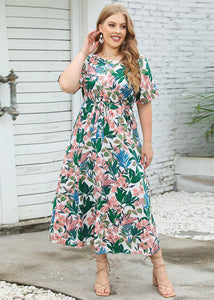 Plus Size Floral Print Tie Waist Patchwork Chiffon Long Dress Summer