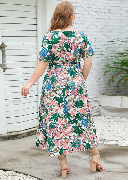 Plus Size Floral Print Tie Waist Patchwork Chiffon Long Dress Summer