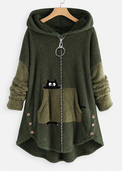 Plus Size Green Hooded Print Pockets Patchwork Teddy Faux Fur Coats Fall