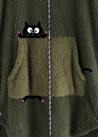 Plus Size Green Hooded Print Pockets Patchwork Teddy Faux Fur Coats Fall