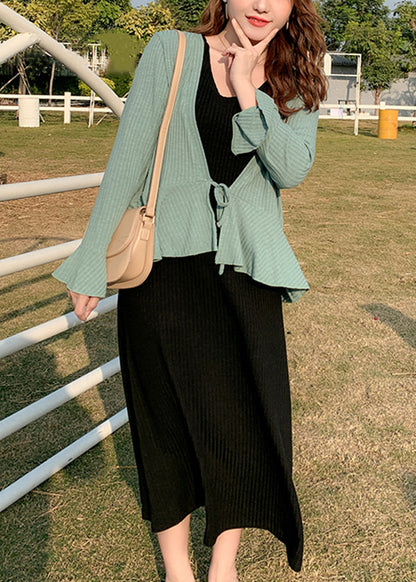 Plus Size Green Lace Up Patchwork Knit 2 Piece Outfit Flare Sleeve