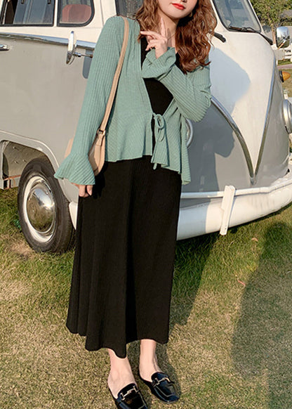 Plus Size Green Lace Up Patchwork Knit 2 Piece Outfit Flare Sleeve