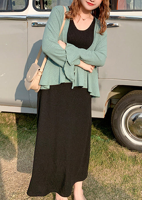 Plus Size Green Lace Up Patchwork Knit 2 Piece Outfit Flare Sleeve