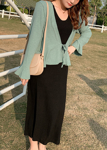 Plus Size Green Lace Up Patchwork Knit 2 Piece Outfit Flare Sleeve