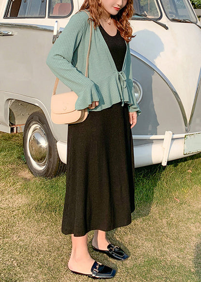 Plus Size Green Lace Up Patchwork Knit 2 Piece Outfit Flare Sleeve