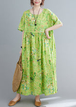 Load image into Gallery viewer, Plus Size Green O-Neck Print Exra Large Hem Wrinkled Cotton Long Dress Short Sleeve