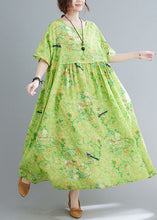 Load image into Gallery viewer, Plus Size Green O-Neck Print Exra Large Hem Wrinkled Cotton Long Dress Short Sleeve