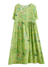 Load image into Gallery viewer, Plus Size Green O-Neck Print Exra Large Hem Wrinkled Cotton Long Dress Short Sleeve