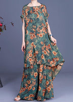 Plus Size Green Print asymmetrical design Silk Wide Leg Two Piece Set Outfits