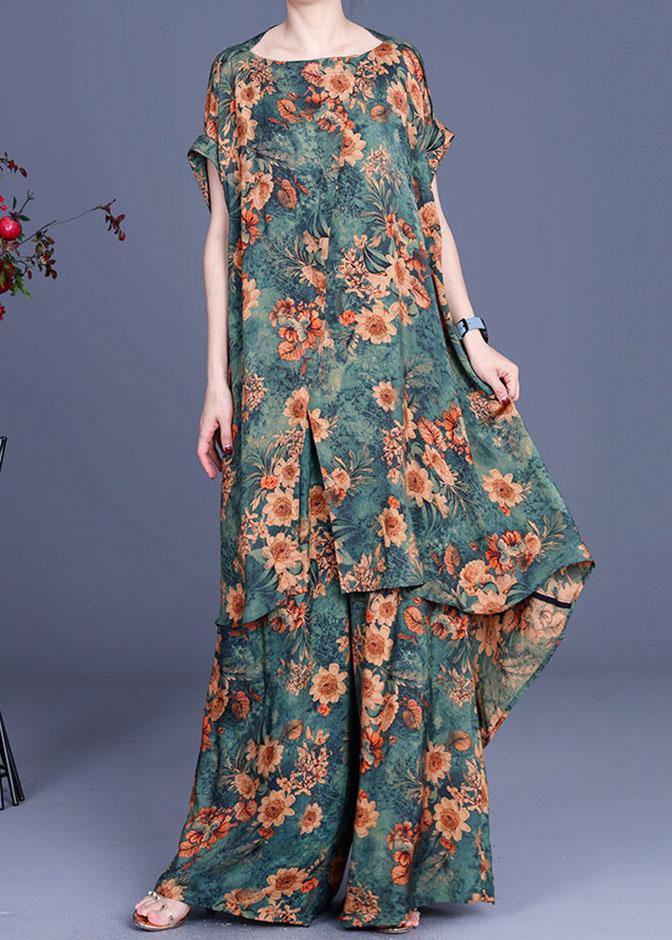 Plus Size Green Print asymmetrical design Silk Wide Leg Two Piece Set Outfits