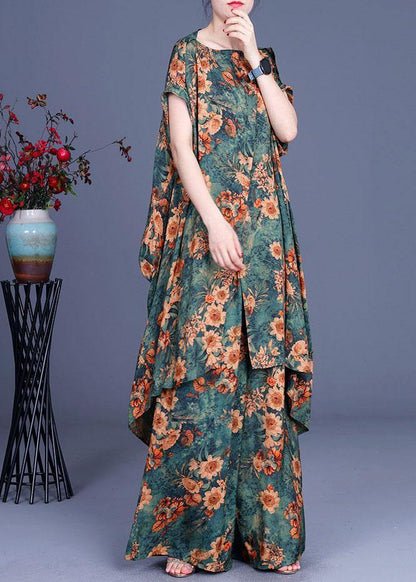 Plus Size Green Print asymmetrical design Silk Wide Leg Two Piece Set Outfits