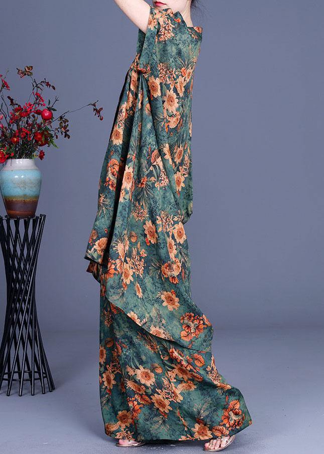 Plus Size Green Print asymmetrical design Silk Wide Leg Two Piece Set Outfits