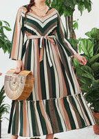 Plus Size Green Striped V Neck Ruffled Patchwork Maxi Dress Long Sleeve
