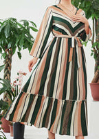 Plus Size Green Striped V Neck Ruffled Patchwork Maxi Dress Long Sleeve