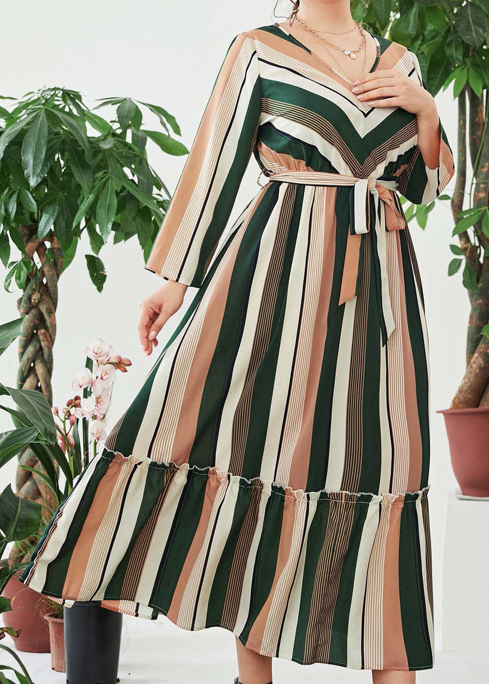 Plus Size Green Striped V Neck Ruffled Patchwork Maxi Dress Long Sleeve