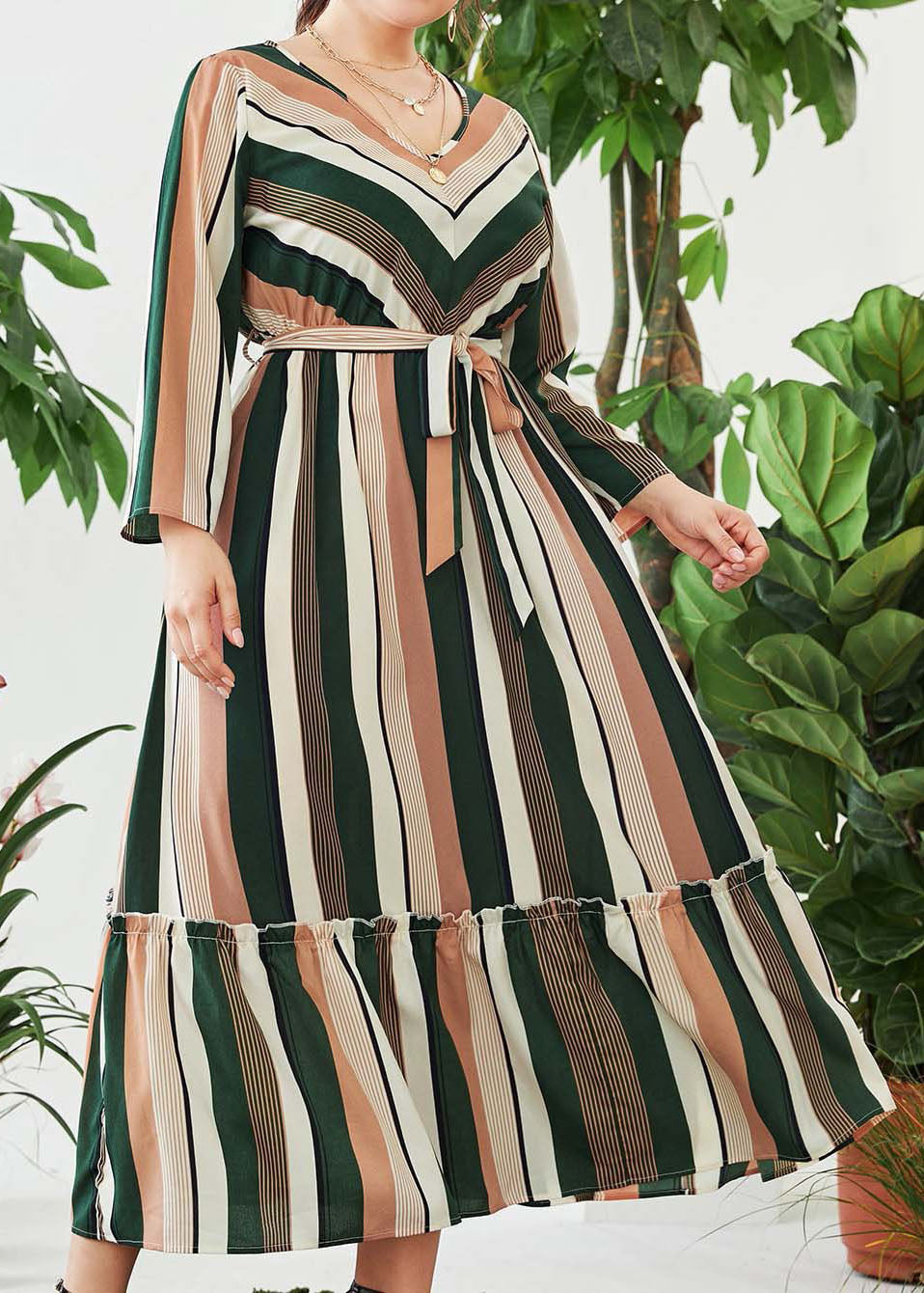 Plus Size Green Striped V Neck Ruffled Patchwork Maxi Dress Long Sleeve