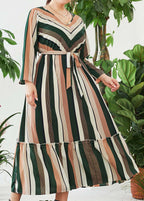 Plus Size Green Striped V Neck Ruffled Patchwork Maxi Dress Long Sleeve