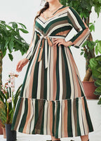 Plus Size Green Striped V Neck Ruffled Patchwork Maxi Dress Long Sleeve