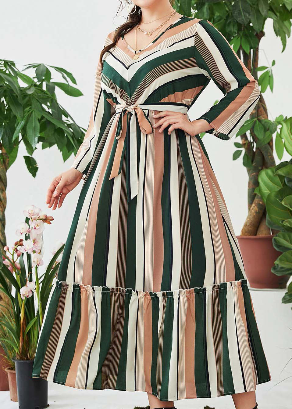 Plus Size Green Striped V Neck Ruffled Patchwork Maxi Dress Long Sleeve
