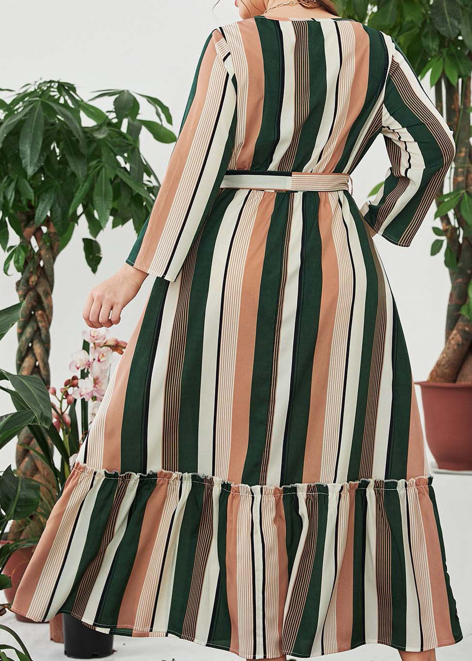Plus Size Green Striped V Neck Ruffled Patchwork Maxi Dress Long Sleeve