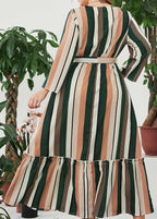 Plus Size Green Striped V Neck Ruffled Patchwork Maxi Dress Long Sleeve