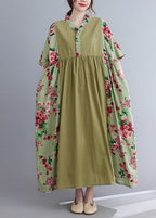 Plus Size Green V Neck Patchwork wrinkled Floral Print Long Dresses Short Sleeve