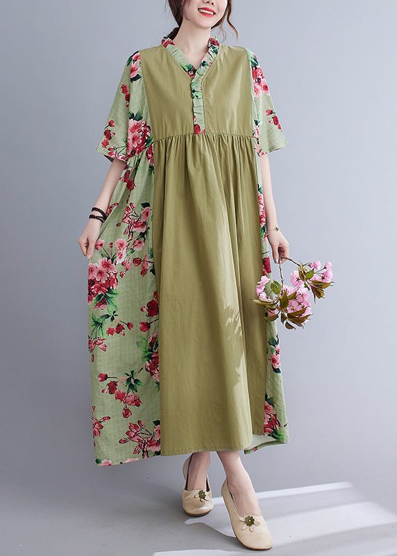 Plus Size Green V Neck Patchwork wrinkled Floral Print Long Dresses Short Sleeve