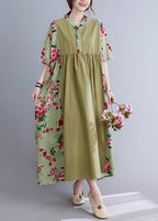 Plus Size Green V Neck Patchwork wrinkled Floral Print Long Dresses Short Sleeve