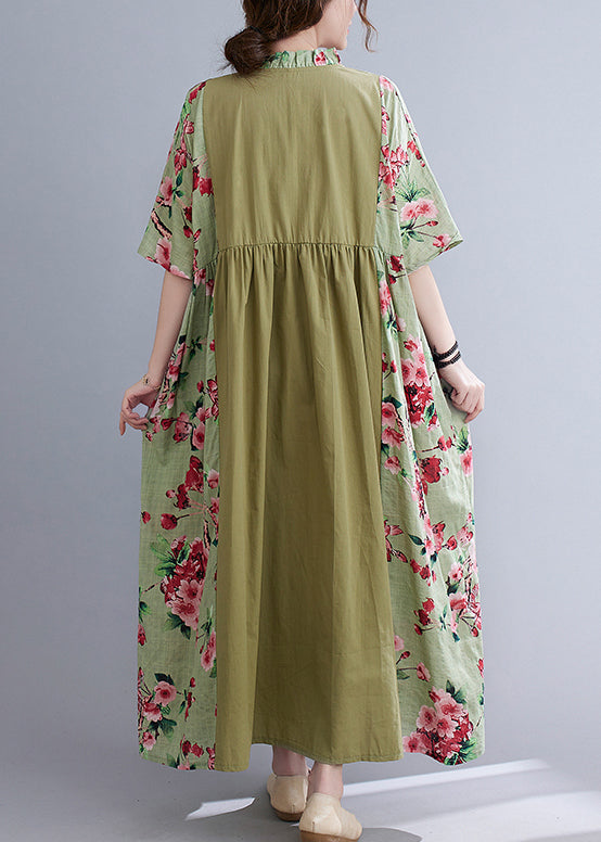 Plus Size Green V Neck Patchwork wrinkled Floral Print Long Dresses Short Sleeve