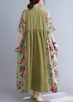 Plus Size Green V Neck Patchwork wrinkled Floral Print Long Dresses Short Sleeve
