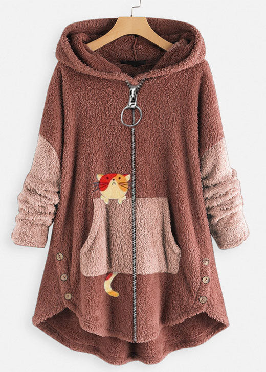 Plus Size Grey Hooded Print Zippered Patchwork Teddy Faux Fur Coat Fall