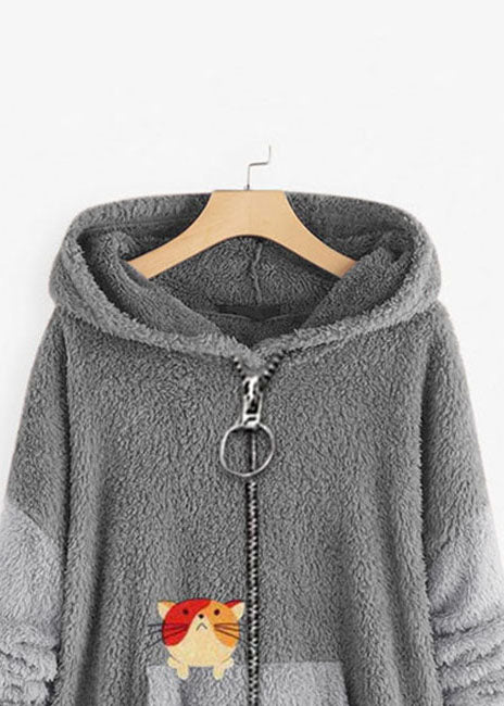 Plus Size Grey Hooded Print Zippered Patchwork Teddy Faux Fur Coat Fall