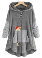 Plus Size Grey Hooded Print Zippered Patchwork Teddy Faux Fur Coat Fall
