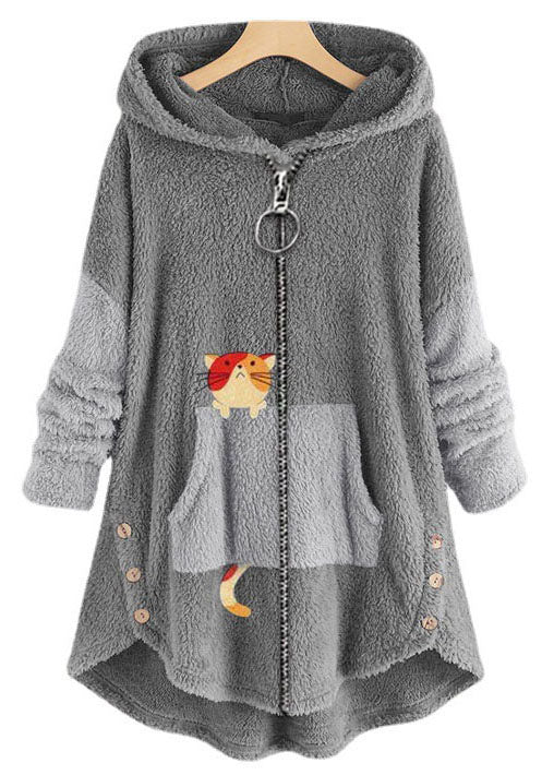 Plus Size Grey Hooded Print Zippered Patchwork Teddy Faux Fur Coat Fall