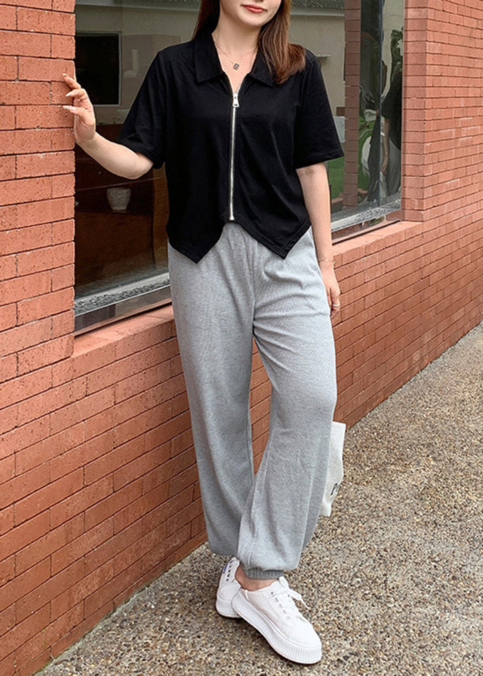 Plus Size Grey Oversized Pockets Cotton Sweatshirt Pants Fall