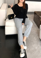 Plus Size Grey Oversized Pockets Cotton Sweatshirt Pants Fall