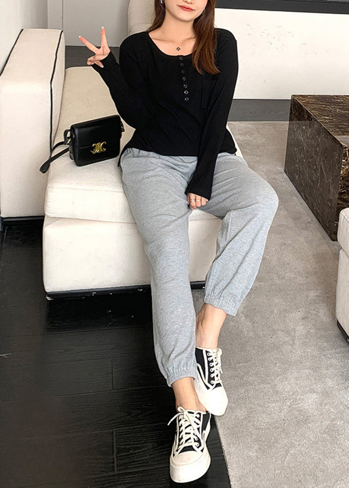 Plus Size Grey Oversized Pockets Cotton Sweatshirt Pants Fall