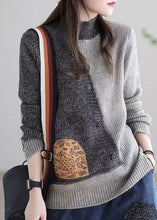 Load image into Gallery viewer, Plus Size Grey Stand Collar Patchwork Button Knit Sweaters Winter