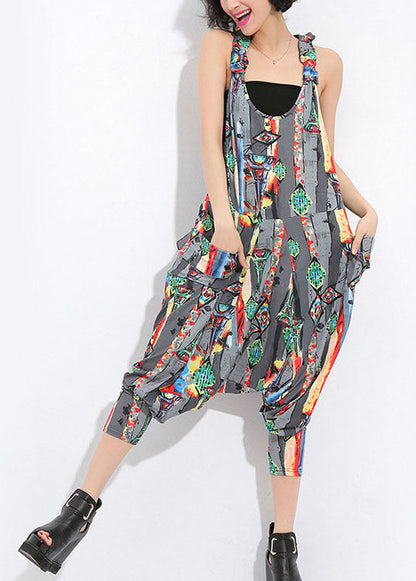 Plus Size Grey pockets Print Silk Jumpsuit Spring
