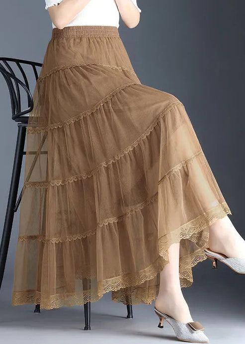 Plus Size Khaki Lace Tiered wrinkled Fall Skirt