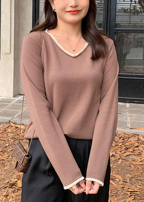 Plus Size Khaki Ruffled Patchwork Cotton Blouses Fall