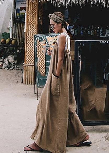 Plus Size Khaki Spaghetti Strap Pockets Jumpsuit Pants Summer