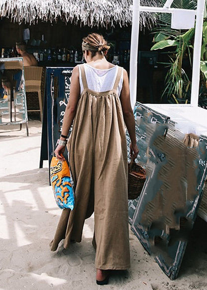 Plus Size Khaki Spaghetti Strap Pockets Jumpsuit Pants Summer