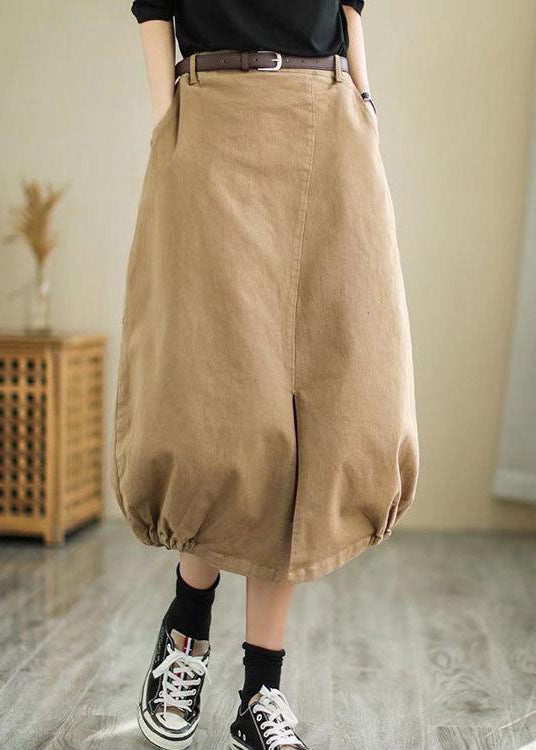Plus Size Khaki side open high waist Cotton Skirt Spring
