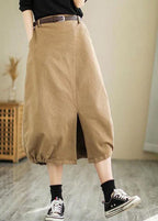 Plus Size Khaki side open high waist Cotton Skirt Spring