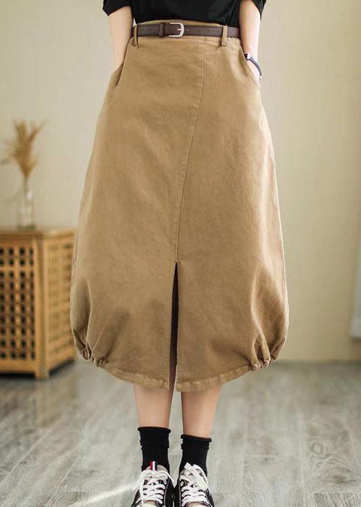Plus Size Khaki side open high waist Cotton Skirt Spring