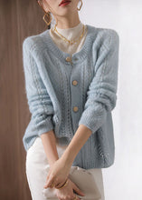 Load image into Gallery viewer, Plus Size Light Blue O-Neck Hollow Out Ma Hai Mao Knit Cardigan Spring