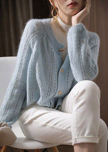 Load image into Gallery viewer, Plus Size Light Blue O-Neck Hollow Out Ma Hai Mao Knit Cardigan Spring