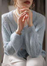 Load image into Gallery viewer, Plus Size Light Blue O-Neck Hollow Out Ma Hai Mao Knit Cardigan Spring